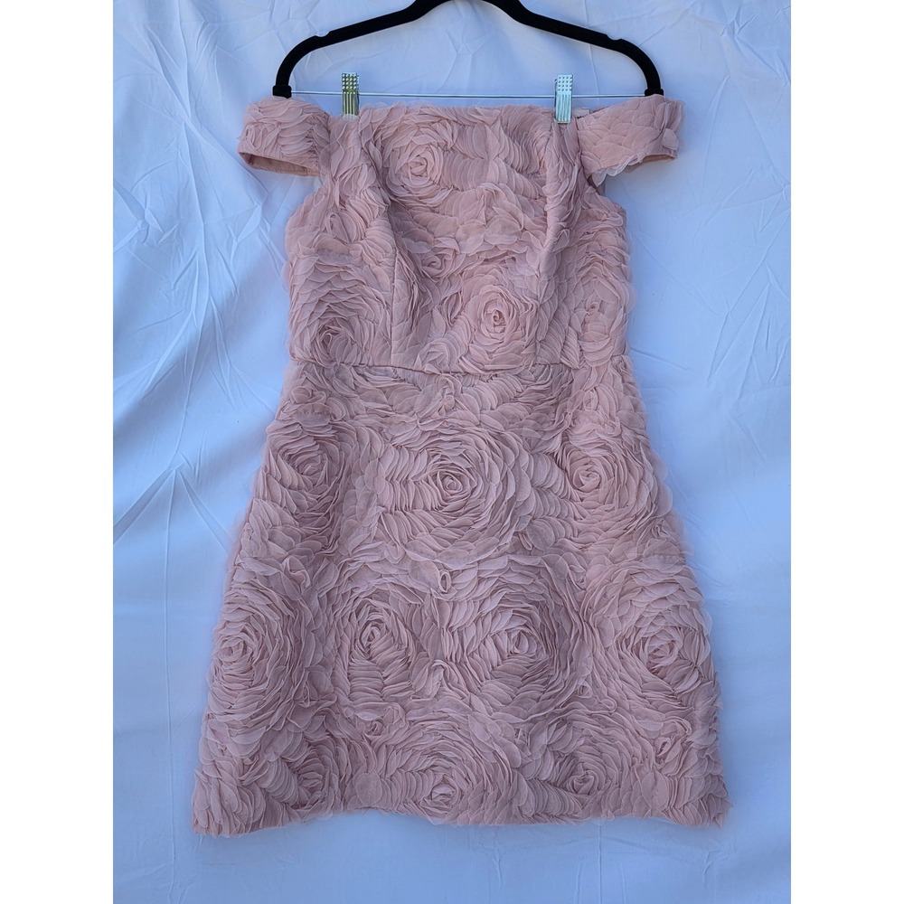Adrianna Papell Pink Rosette 3D Floral Off Shoulder Mesh Cocktail Dress 6